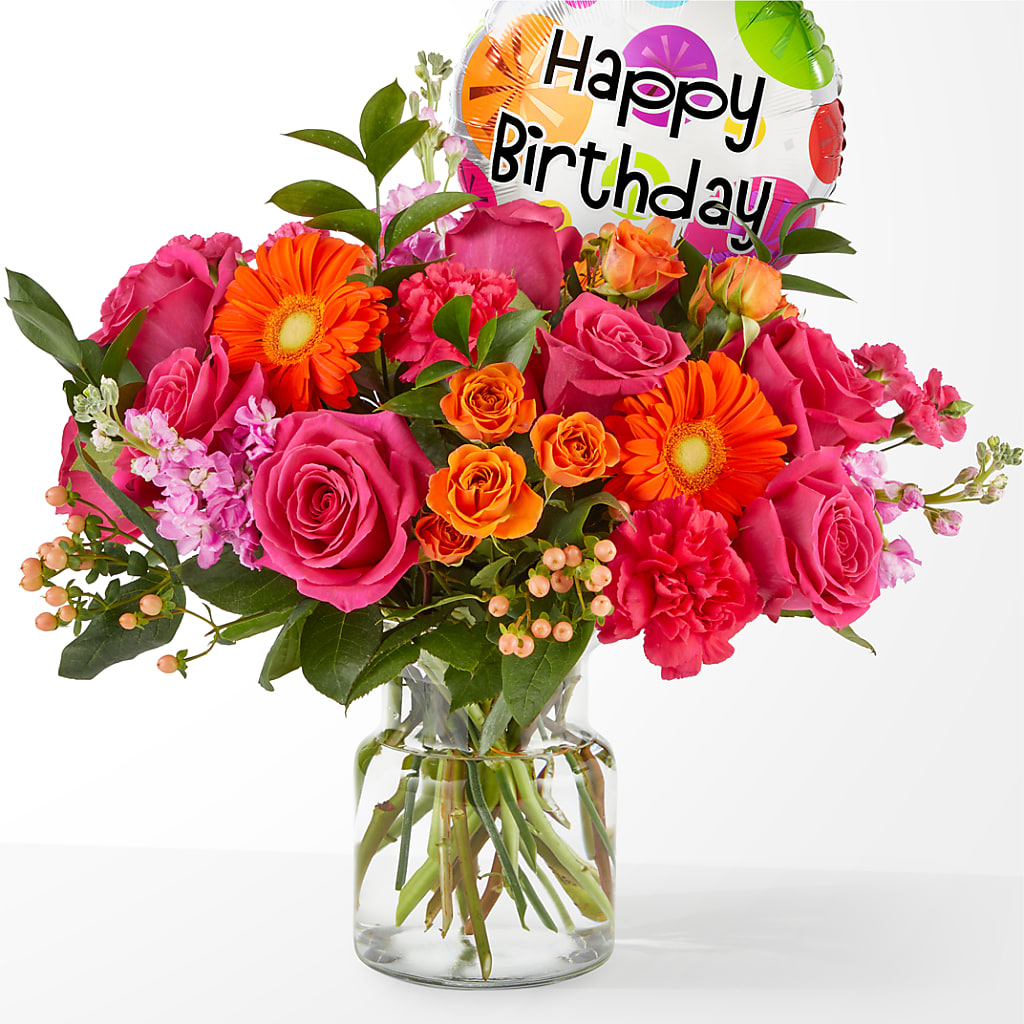 Fiesta Bouquet with Birthday Balloon – Unique Flowers And Wedding, Dania Beach FL