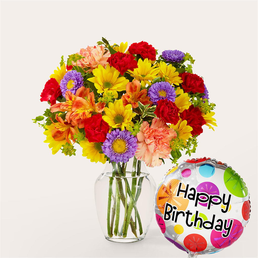 Kaleidoscope Bouquet with Birthday Balloon – Unique Flowers And Wedding, Dania Beach FL